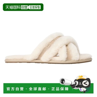 自营欧洲直邮UGG24新款 女士白色羊皮混纺交叉绑带麂皮饰边棉拖鞋