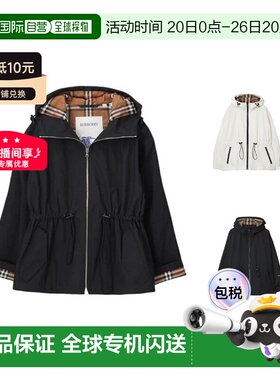 自营Burberry/博柏丽 女士黑色棉质格纹内衬连帽长袖夹克