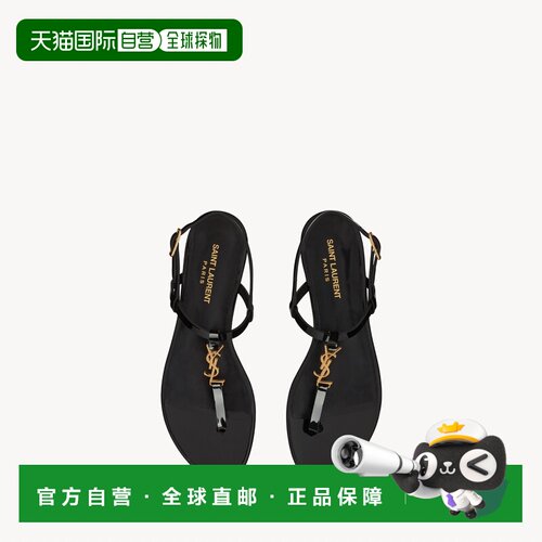 自营欧洲直邮YSL圣罗兰 Cassandra女士黑色漆皮T字带平底凉鞋