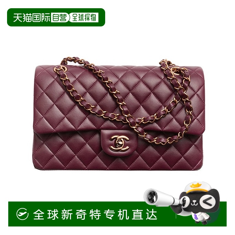 欧洲直邮chanel/香奈儿24新款 女士红色小羊皮棕色金属扣合手提包