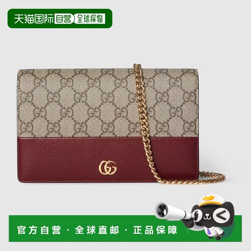 自营欧洲直邮Gucci/古驰 Marmont系列女士安可拉红皮革双G双色链