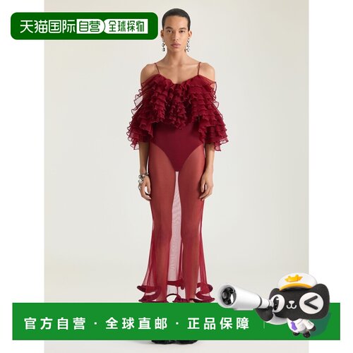自营欧洲直邮Givenchy纪梵希 女士樱桃红色细针织荷叶边长款连衣