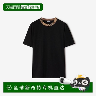 欧洲直邮Burberry博柏利 T恤 男士 黑色棉格纹饰带短袖