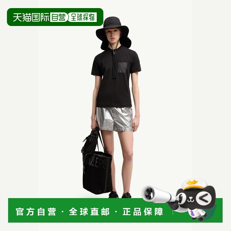 自营欧洲直邮MONCLER盟可睐 女士黑色棉质褶皱口袋T恤短袖