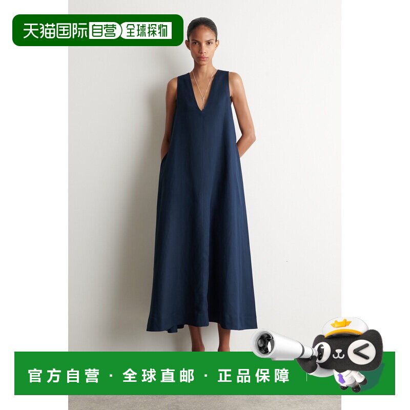 自营欧洲直邮COS 女士蓝色莱赛尔纤维混纺亚麻A字型长款连衣裙图片