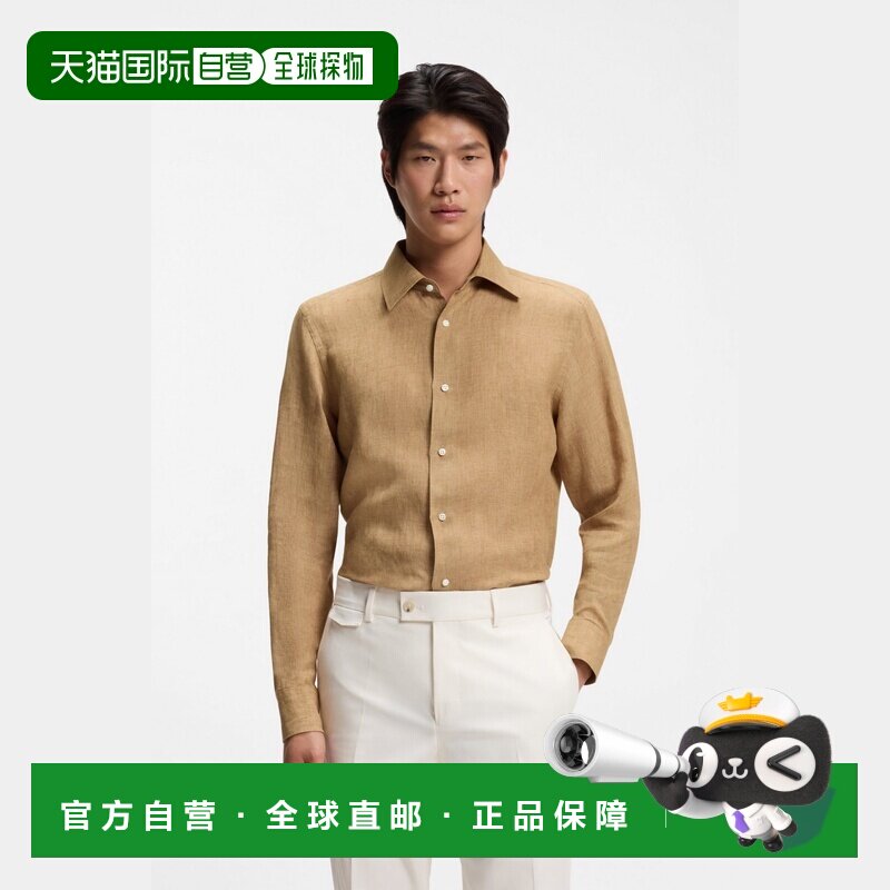 自营欧洲直邮HUGO BOSS雨果 男士米色亚麻修身衬衫