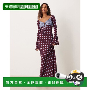 香港直邮ASOS 女士 设计长袖褶边斑点长裙连衣裙酒红色长款