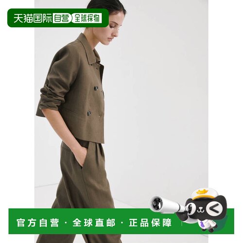 自营欧洲直邮MANGO 女士卡其色亚麻双排扣夹克长袖
