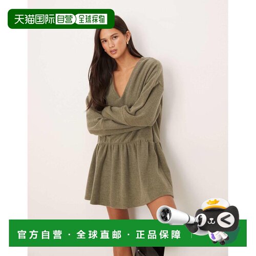 1h可退香港直邮ASOS 女士 设计柔软V领低腰迷你连衣裙(卡其色)包