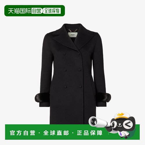 自营欧洲直邮Fendi芬迪 女士黑色双面羊毛长款大衣