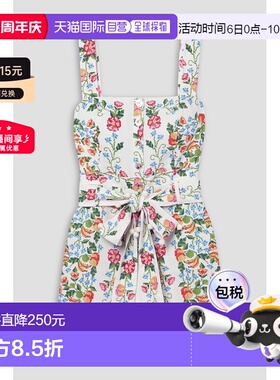 1h可退 香港直邮FARM RIO 女士 束带抽褶印花亚麻混纺连体衣 3136