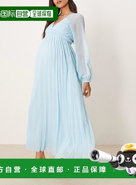 1h可退 香港直邮ASOS 女士 midaxi 设计孕妇装深V长袖褶裥粉蜡笔