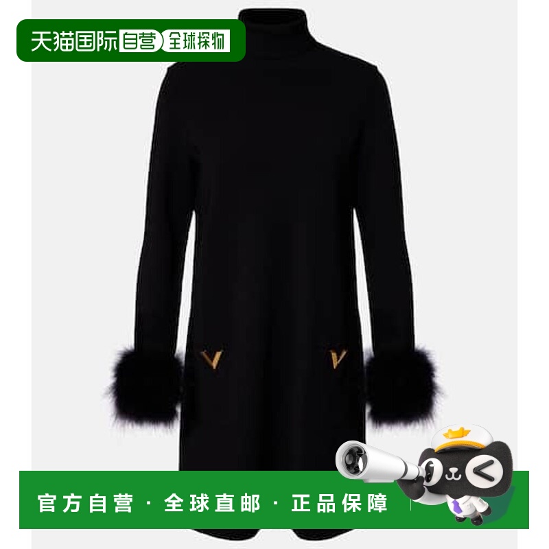 香港直邮valentino 华伦天奴 女士 VLogo 羽毛边高领迷你连衣裙