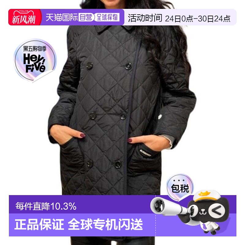 【自营】欧洲直邮BURBERRY博柏利女士黑色字母印花翻领双排扣棉服