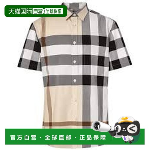 自营欧洲直邮Burberry/博柏利 男士米绿色拼色棉质格纹不对称短袖