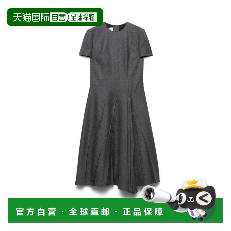 自营欧洲直邮PRADA普拉达 女士深灰色法兰绒不对称连衣裙