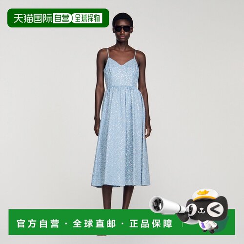 自营欧洲直邮Sandro桑德罗 女士蓝色莱赛尔纤维亮片长款连衣裙