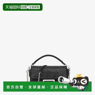 自营欧洲直邮Fendi芬迪 Baguette Mini女士黑色绒面革水晶单肩包