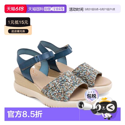 欧洲直邮PORRONET西班牙手工皮革纺织坡跟凉鞋ELISA蓝色女轻奢