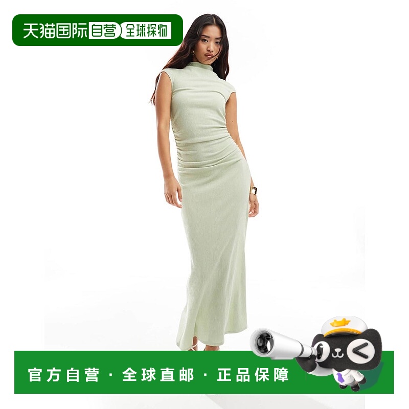 1h可退 香港直邮ASOS 女士 grown on 设计领短袖褶皱绿色中长连衣