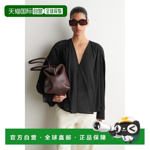 自营欧洲直邮COS 女士黑色棉质V领褶皱衬衫长袖上衣女装通勤