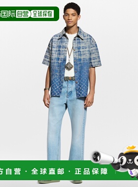 自营1h可退 欧洲直邮LV路易威登 男士靛蓝色棉老花图案短袖衬衫