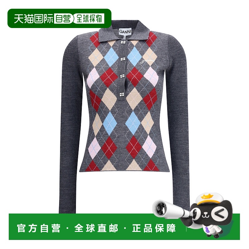 1h可退 香港直邮GANNI 甘尼 女士 全新 菱格 印花 Polo领 毛衣 K2