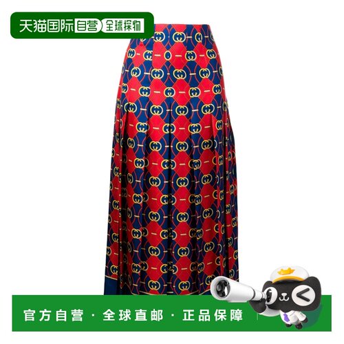 自营Gucci 蓝红拼色双G真丝半身裙 409370ZABR4百褶裙a字裙