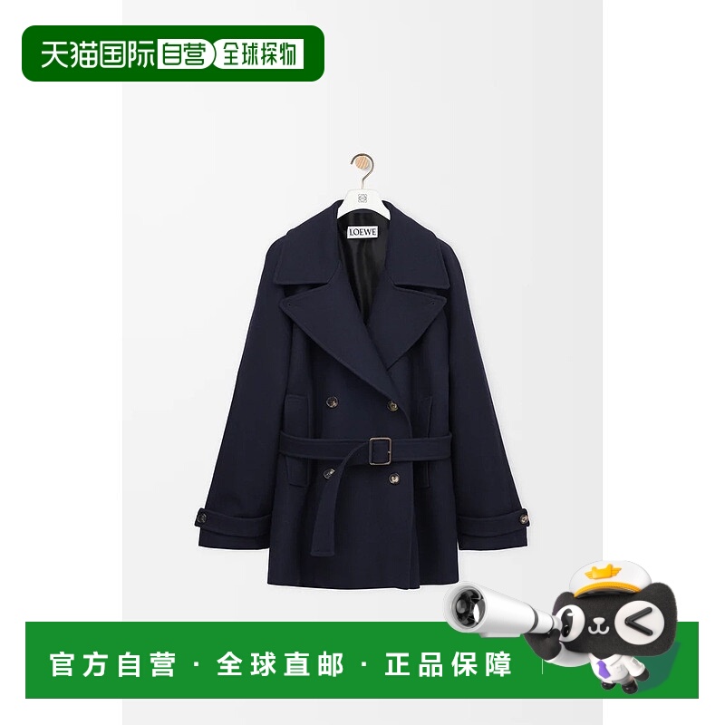 自营欧洲直邮Loewe罗意威 女士藏青色羊毛翻领纽扣闭合大衣