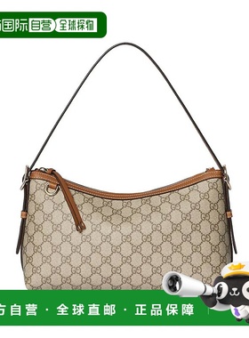 自营欧洲直邮GUCCI古驰 GG Emblem小号米色拼棕色徽标印花单肩包