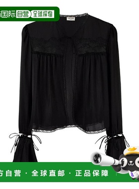 香港直邮Saint Laurent 黑色蕾丝细节系带开合开衫 650199Y720W