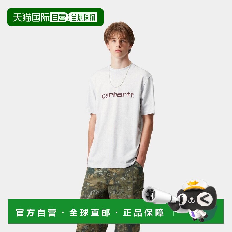 自营欧洲直邮Carhartt WIP 男士灰麻色/暗枣红棉印花图案短袖T恤