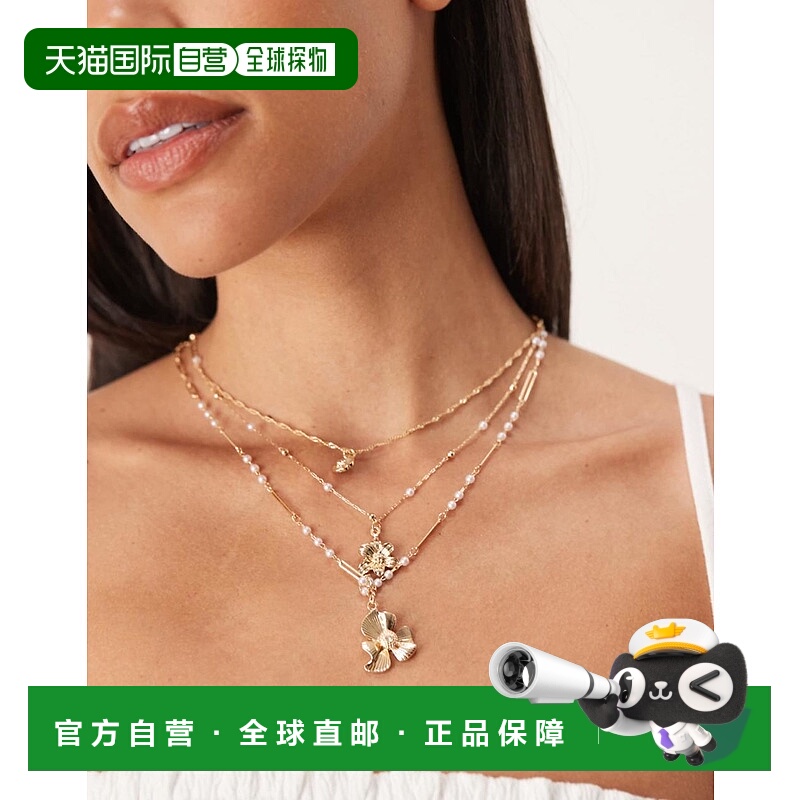 香港直邮ASOS 女士 dot-dash details 设计多排链条花朵色调项链(