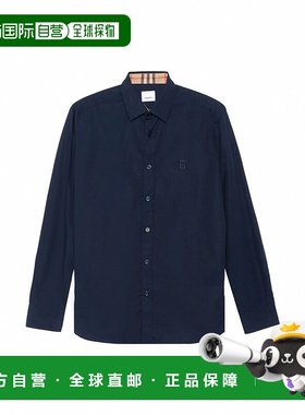 自营欧洲直邮Burberry/博柏利 男士藏青色棉修身袖口经典格纹长袖