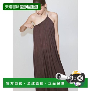 自营欧洲直邮MANGO 女士石榴红聚酯纤维不对称褶皱长款连衣裙长裙