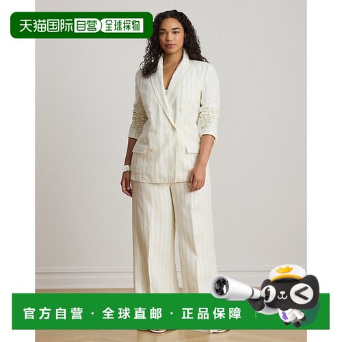自营欧洲直邮Ralph Lauren拉夫劳伦 女士白色/蓝色亚麻条纹阔腿裤