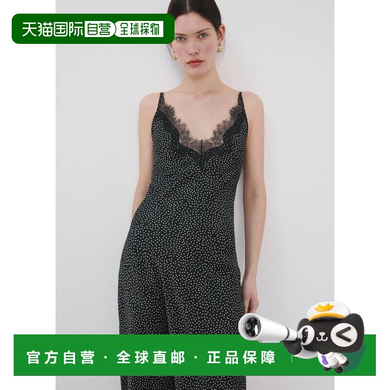 自营欧洲直邮MANGO 女士黑色聚酯纤维波点蕾丝中长连衣裙吊带性感图片