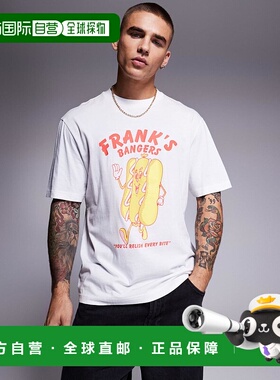 1h可退 香港直邮Hugo Blue 男士 HUGO hotdog 蓝色印花T恤(白色)