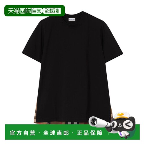 自营欧洲直邮Burberry博柏利 女士黑色格纹棉质圆领裁片T恤女装