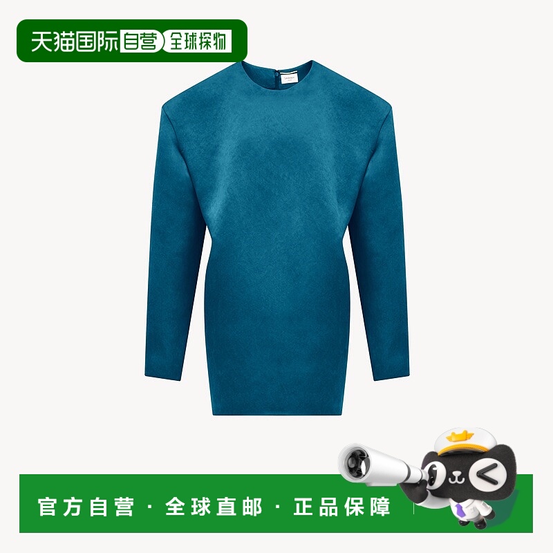 自营欧洲直邮YSL圣罗兰 女士夜色蓝真丝圆领长袖连衣裙短款
