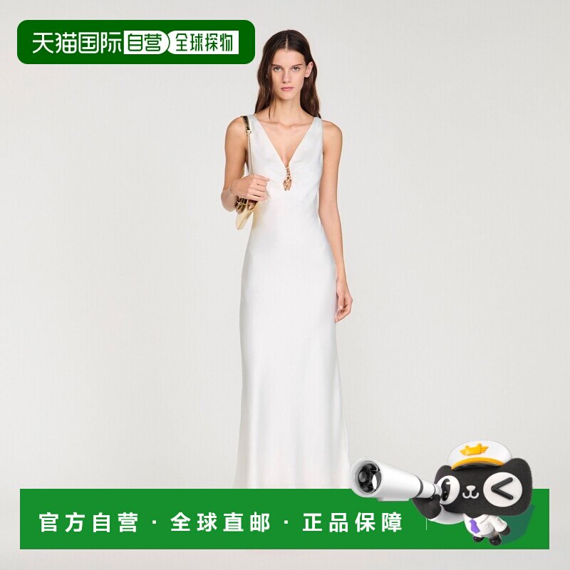 自营欧洲直邮Sandro桑德罗 女士白色聚酯纤维缎面宝石长款连衣裙图片