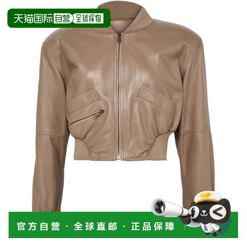 自营欧洲直邮CHLOE蔻依 女士灰褐色皮革拉链夹克