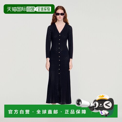 自营欧洲直邮Sandro桑德罗 女士黑色粘胶纤维花式针织长款连衣裙