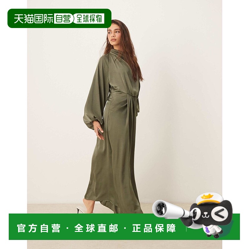 1h可退 香港直邮ASOS 女士 设计垂褶宽袖缎面橄榄绿长款连衣裙