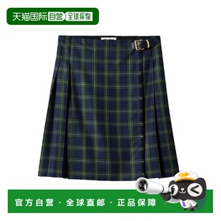 自营欧洲直邮MiuMiu 女士军绿色羊毛喇叭形剪裁刺绣徽标短 24新款