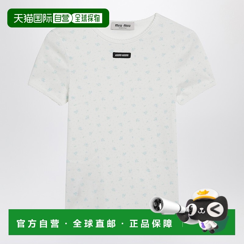 香港直邮Miu Miu 缪缪 女士 花瓣图案T恤(白/浅蓝) MJNA08OOO18ZU