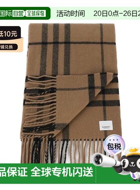 自营欧洲直邮BURBERRY博柏利 男女通用棕色羊毛格纹图案流苏围巾