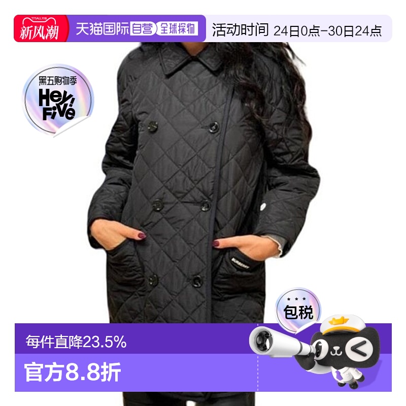 【自营】欧洲直邮BURBERRY博柏利女士黑色字母印花翻领双排扣棉服