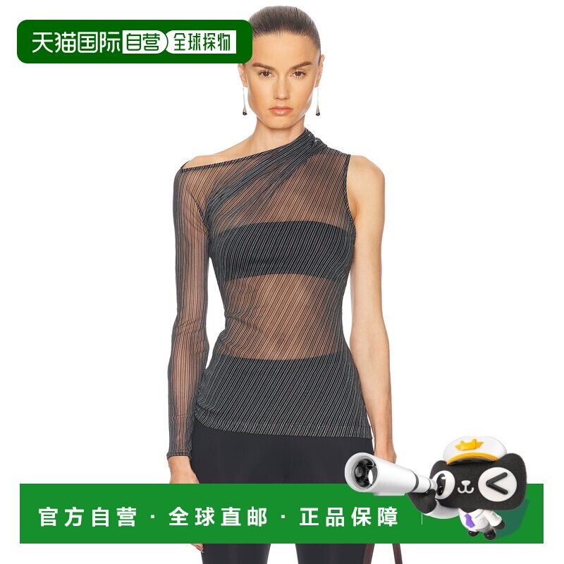 香港直邮Courreges 女士 单肩条纹网纱上衣 125JTO387PR0099斜肩