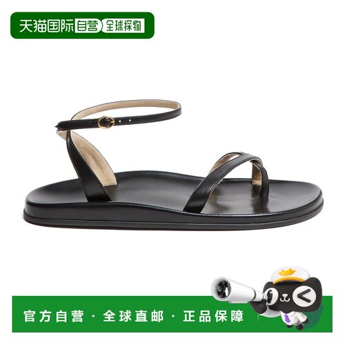 自营欧洲直邮THE ROW Hugh女士黑色羊羔皮踝带凉鞋平底鞋穆勒鞋